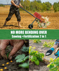 Walk Behind Seed Planter With Integrated Fertilizer Applicator Six Hole Row Crop Seeder in use in a field, close-up of planting and fertilizing.