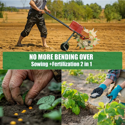 Walk Behind Seed Planter With Integrated Fertilizer Applicator Six Hole Row Crop Seeder in use in a field, close-up of planting and fertilizing.