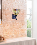 Mission Tiffany Style 1 Light Wall Sconce In Blackish Bronze With Multicolor Glass 6 Inch Wide E26 60W Max Hardwired Indoor Accent Lighting For Hallway And Living Room Dope Tiffany Vibe in bright room setting.