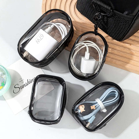 Clear Waterproof Travel Pouch For Phones And Chargers Slick Zip Closure Cable Organizer Rigid Shell with cords inside