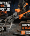 8 Inch Mini Bolt Cutters Heavy Duty CrMo Wire And Fence Cutter For Chain Link Nails Wire And Hooks Pro And DIY Ready Compact Hook Cutter You Can Take Anywhere For Precise Cutting On The Go, shown cutting wire fencing in workshop setting