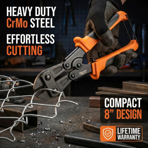 8 Inch Mini Bolt Cutters Heavy Duty CrMo Wire And Fence Cutter For Chain Link Nails Wire And Hooks Pro And DIY Ready Compact Hook Cutter You Can Take Anywhere For Precise Cutting On The Go, shown cutting wire fencing in workshop setting