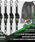 Retractable Ratchet Straps 4 Pack 1 Inch By 10 Foot Auto Self Retracting Tie Downs 1,209 Lbs Break Strength Heavy Duty Truck Trailer Motorcycle ATV UTV Gear Black with storage bag and stickers