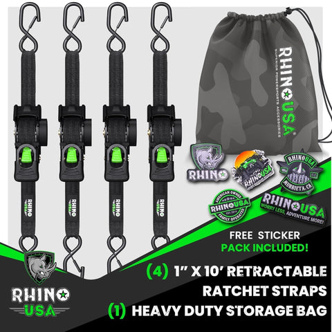Retractable Ratchet Straps 4 Pack 1 Inch By 10 Foot Auto Self Retracting Tie Downs 1,209 Lbs Break Strength Heavy Duty Truck Trailer Motorcycle ATV UTV Gear Black with storage bag and stickers