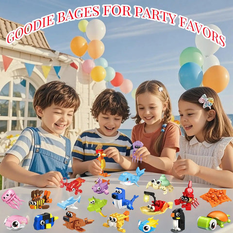 Kids playing with Mini Ocean Animals Building Blocks Party Favor Kits for Kids, 24 Pack Goodie Bag Stuffers, outdoor party scene.