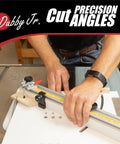 Rock Solid Left And Right Side Cutoff Sled Combo Pack For Table Saw Delivers Dead Square Miters And Flawless Ninety Degree Woodworking Cuts With Quick Dial Angle Guide in use for precision angle cuts.