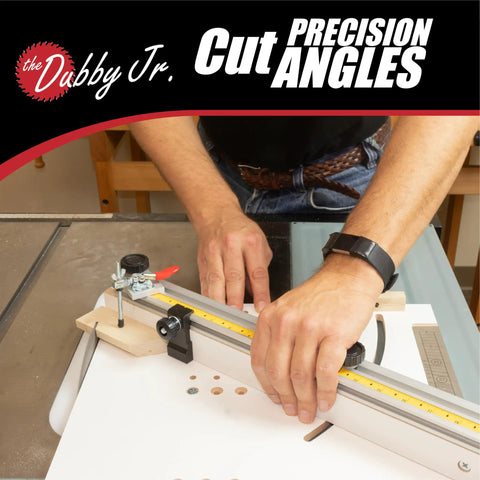 Rock Solid Left And Right Side Cutoff Sled Combo Pack For Table Saw Delivers Dead Square Miters And Flawless Ninety Degree Woodworking Cuts With Quick Dial Angle Guide in use for precision angle cuts.