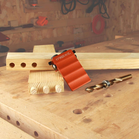 Solid Aluminum Dowel Jig Kit With Laser Cut Witness Mark And Depth Scale For Precise Drilling, shown with wood and cobalt M35 bit
