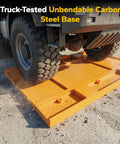 Side view of orange electric lifting platform cart with 47x28-in diamond-plate deck, 41-in lift, locking brake wheels.