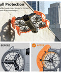 Orange EVA Propeller Guard For DJI Neo 2 Drone With Anti Collision Height Increase Shock Absorbing Ring Protection Durable Fuselage Fit Keeps Propellers Safe During Crashes And Bumps displayed on a wall, before and after installation view.