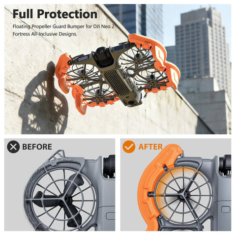 Orange EVA Propeller Guard For DJI Neo 2 Drone With Anti Collision Height Increase Shock Absorbing Ring Protection Durable Fuselage Fit Keeps Propellers Safe During Crashes And Bumps displayed on a wall, before and after installation view.