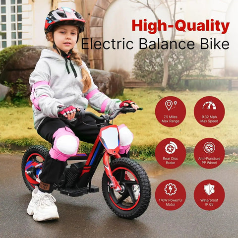 Electric Dirt Bike For Kids 3 To 6, 170W Mini Moto With Lightweight Aluminum Frame, 24V Detachable Battery, Dual Power Modes, 12 Inch Knobby Tires, Rugged Outdoor Fun For Backyard Adventures And Neighborhood Treks, side view with child rider