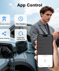 User controls the Straight Up Heavy Duty J1772 Level 2 Electric Vehicle Charger with a smartphone app, showcasing charging features.