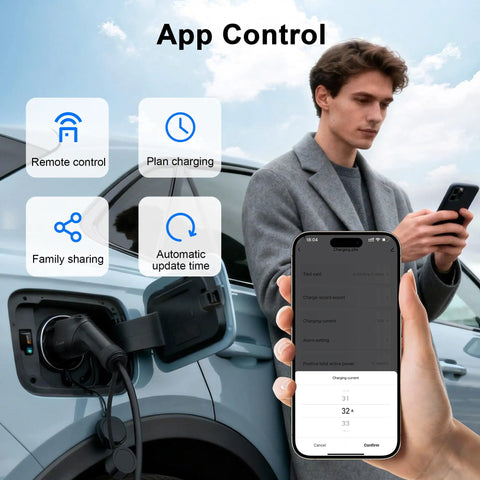 User controls the Straight Up Heavy Duty J1772 Level 2 Electric Vehicle Charger with a smartphone app, showcasing charging features.