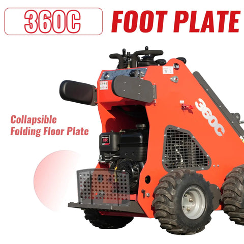 Compact Skid Steer Loader With Gas Engine And Bucket, Stand-On Wheeled Machine Side View Showing Collapsible Foot Plate