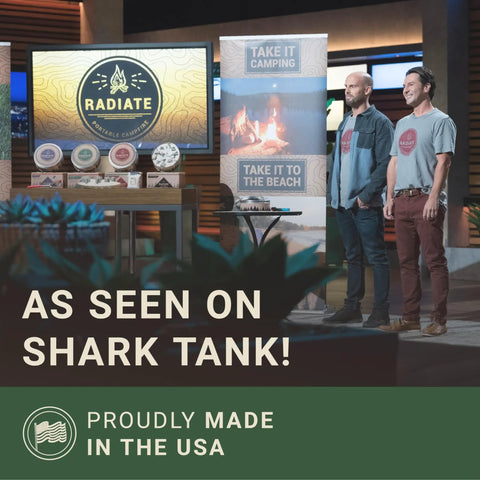 XL Portable Campfire On The Go For Camping Beach And Patio With Eucalyptus Scent Tabletop Fire Pit Reusable Up To Two Hours Burn Time Made In USA Seen On Shark Tank display with presenters