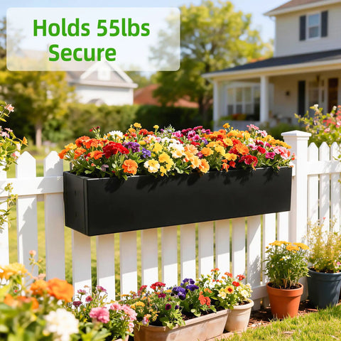 Foldable Metal Railing Planter Box Set With 30 Inch Balcony Planters And Adjustable Brackets installed on a fence with flowers.