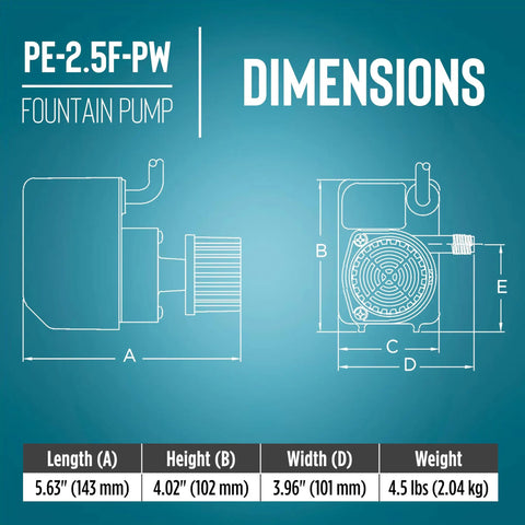 Dimensions diagram of Compact Submersible Pump For Small Ponds And Fountains, 115 Volt Direct Drive, 1/28 HP, 475 GPH, Model 566612.
