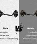 Comparison image showing Four Inch Hook And Eye Door Latch Tough As Nails Heavy Duty Stainless Steel Black Finish vs a rusty latch