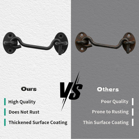 Comparison image showing Four Inch Hook And Eye Door Latch Tough As Nails Heavy Duty Stainless Steel Black Finish vs a rusty latch