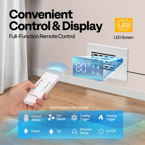 Person using remote to adjust All In One Register Booster Vent Fan With Smart Thermostat And Remote, 6x10 In Opening, on wall