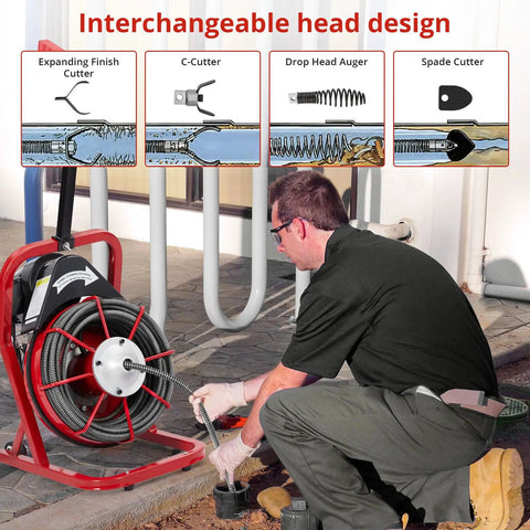 Heavy Duty Electric Drain Cleaning Machine With 75 Foot Tangle Free Steel Core Cable And 3 8 Inch Auger Shaft Chugs Through Gnarly Household Snakes Real Quick On Command, showing interchangeable cutter heads for versatile use.