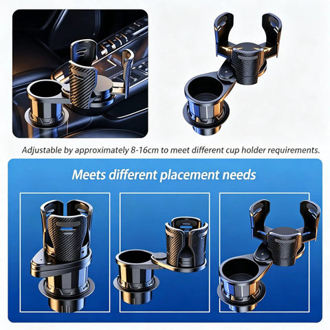 Premium Adjustable 2 In 1 Cup Holder Expander For Tesla Cybertruck Console Drink Stand shown in different adjustable positions.