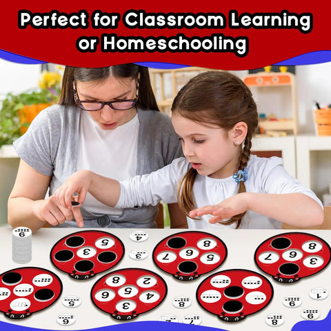 Adult and child using Ten Frame Math Kit For Kids, round ladybug boards and number cards on table for classroom play