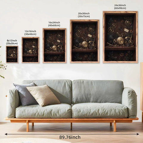 Stunning Vintage Clockwork Pocket Watch Wall Art Natural Framed Print With Brass Gears And Floral Details For Moody Dark Wood Interior Decor That Adds Classic Charm To Any Home Or Office Room Setting Right Now, various sizes displayed.