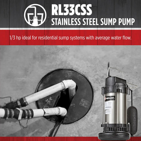 One Third Horsepower Heavy Duty Submersible Stainless Steel Sump Pump 115 Volt 3500 GPH with Snap Action Float Switch shown in use