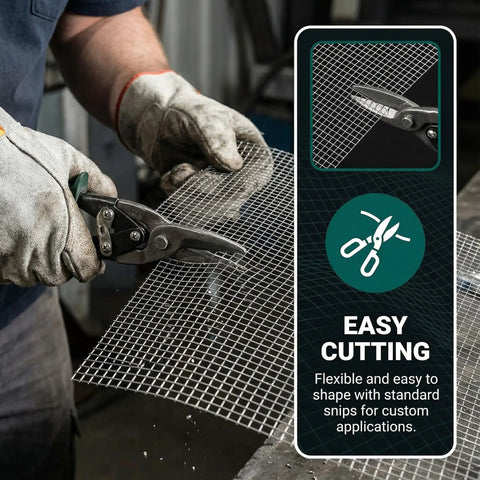 Heavy Duty Stainless Steel Mesh Screen Roll For Real Ventilation 12 By 60 Inches 5 Mesh For Windows Garden Fences Cages And Filters Rust Proof Easy To Cut And Install being cut with snips highlighting ease of customization and flexibility.