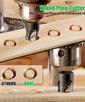 Wood plug cutters making tapered plugs from wood, showcasing the Heavy Duty Countersink Drill Bit Set, 23 Piece.
