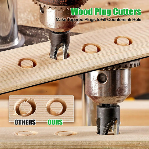 Wood plug cutters making tapered plugs from wood, showcasing the Heavy Duty Countersink Drill Bit Set, 23 Piece.