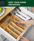 Premium Bamboo Utensil Rack And Silverware Organizer For Kitchen Drawers, 7 Slot Cutlery Tray With Grooved Dividers in use