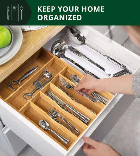 Premium Bamboo Utensil Rack And Silverware Organizer For Kitchen Drawers, 7 Slot Cutlery Tray With Grooved Dividers in use