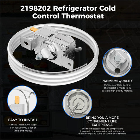 Upgrade Refrigerator Cold Control Thermostat 2198202 with eco-friendly materials and easy install wiring guide displayed.