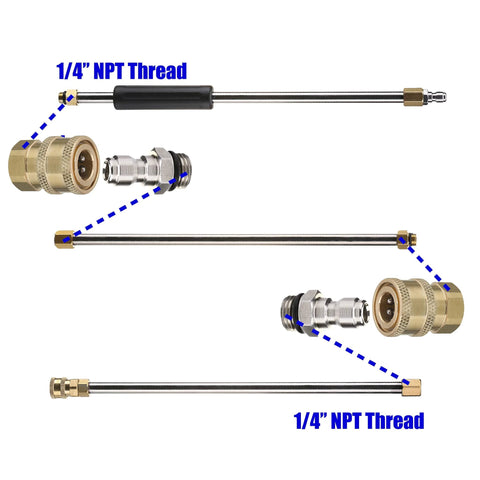M MINGLE pressure washer adapter set; exploded view with two stainless steel rods and 1/4 in NPT brass fittings