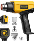 1800W Heat Gun Workhorse With Compact Design And Variable Temperature From 122 To 1202 Fahrenheit Two Speed Settings Four Nozzles For Crafts Vinyl Wrap Shrink Tubing And More, showing full tools and nozzles set