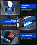 12 Volt Diesel Transfer Pump Kit with nozzle and hoses for fast fuel transfer self priming DC electric pump, handle, base, button shown.