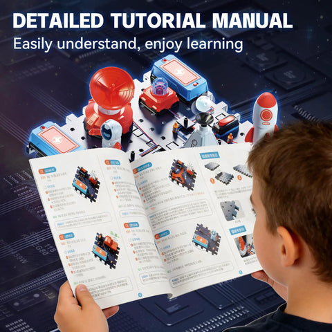 Child reading manual for Kids Electronics Circuit Kit For Ages 6 And Up, 32 Piece Exploration Set With More Than 150 Creative Projects