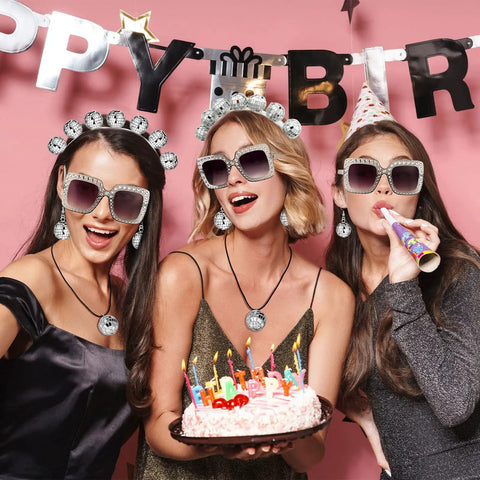 Disco Party Costume Accessories Set For Women A 5 Piece Vintage 60s 70s Look Including Necklace, Disco Ball Earrings, Headband, Ring, Glasses And Sunglasses For Retro Night Out And Club Vibe, women celebrating with cake