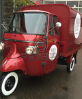 10.5Ft Turnkey Mobile Food Truck And Concession Trailer Featuring Three Serving Windows With Built In Commercial Kitchen Gear And Hella Spacious Storage For Your Startup Hustle That Gonna Take Off, red three-wheeled food truck.