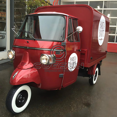 10.5Ft Turnkey Mobile Food Truck And Concession Trailer Featuring Three Serving Windows With Built In Commercial Kitchen Gear And Hella Spacious Storage For Your Startup Hustle That Gonna Take Off, red three-wheeled food truck.