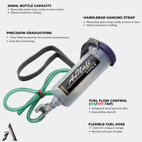 300ml Auxiliary Fuel Tank For Bike Servicing With Clear 50ml Markings, Fuel Hose, Handlebag Hanging Strap, And ON OFF Fuel Tap
