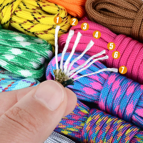 Close-up of 16 Color Paracord Kit With Instructions 10 Feet Each Type III Parachute Cord showing internal strands.