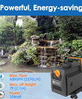 600GPH Submersible Water Pump For Ponds with 7 Ft Lift and 35W power, shown beside a lush garden waterfall setup.
