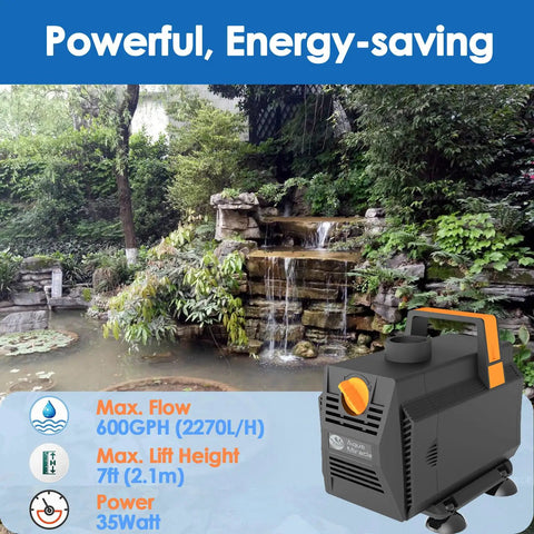 600GPH Submersible Water Pump For Ponds with 7 Ft Lift and 35W power, shown beside a lush garden waterfall setup.