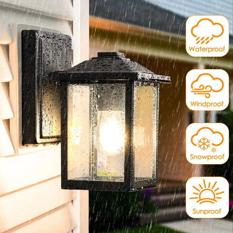 Heavy Duty Outdoor Wall Light Built Sick For Rain Or Shine Premium Metal Sconce With Shatter Proof Glass, black metal lantern in the rain.