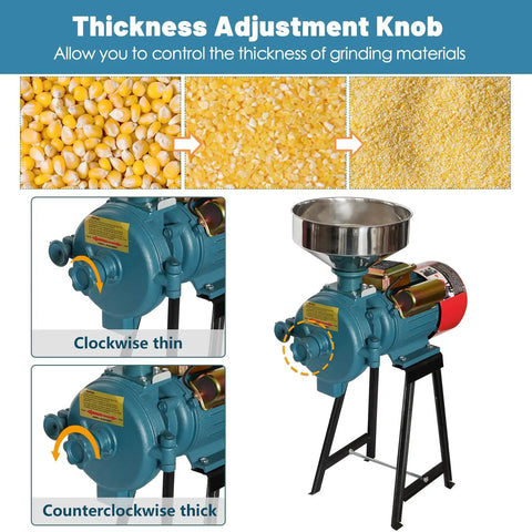 Electric Grain Mill 3000W Grinder For Wet And Dry Cereals with thickness adjustment knob and funnel