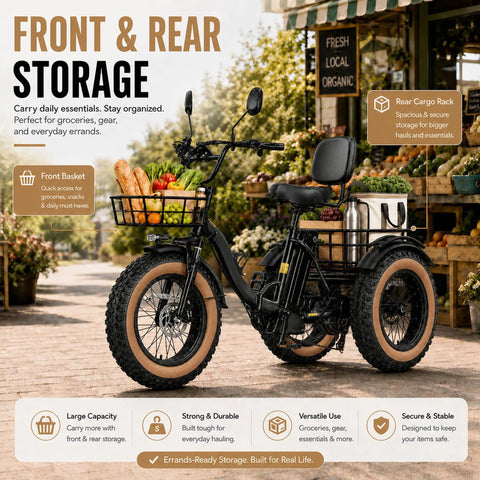 Folding Three Wheel Electric Trike For Adults 750W 48V Fat Tire 25MPH with front basket and rear cargo rack